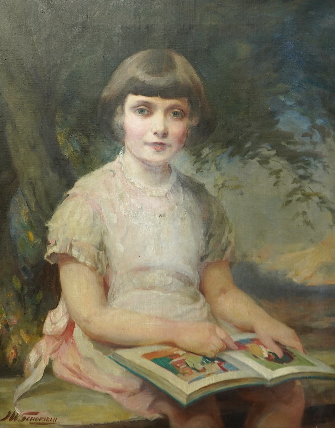 John William Schofield (1865-1944), Portrait of a girl holding a book, oil on canvas, 74 x 60cm